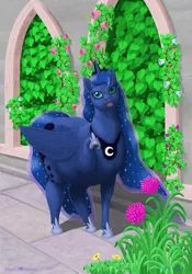 Size: 819x1170 | Tagged: safe, artist:soobel, derpibooru import, princess luna, alicorn, pony, arch, chubby, fat, female, flower, garden, mare, princess moonpig, solo