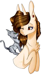 Size: 472x793 | Tagged: safe, artist:xxmissteaxx, derpibooru import, oc, oc:enghel, oc:lu, unofficial characters only, cat, pony, unicorn, chest fluff, female, mare, one eye closed, simple background, transparent background