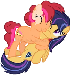 Size: 686x723 | Tagged: safe, artist:ipandacakes, derpibooru import, oc, oc:chimi cherry cheesecake, oc:nova star sparkle, unofficial characters only, earth pony, pegasus, pony, female, hape, hug, mare, offspring, parent:cheese sandwich, parent:flash sentry, parent:pinkie pie, parent:twilight sparkle, parents:cheesepie, parents:flashlight, simple background, smiling, transparent background