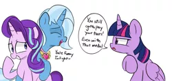 Size: 1995x947 | Tagged: dead source, safe, artist:lance, derpibooru import, starlight glimmer, trixie, twilight sparkle, twilight sparkle (alicorn), alicorn, pony, celestial advice, equestrian pink heart of courage, laughing, simple background, tax evasion, taxes, this will end in jail time, white background