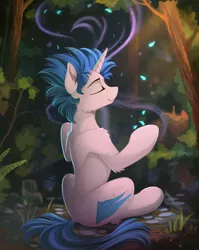 Size: 1800x2260 | Tagged: safe, artist:yakovlev-vad, derpibooru import, oc, unofficial characters only, pony, unicorn, blue hair, eyes closed, forest, male, meditating, patreon reward, scapula, sitting, smiling, solo, stallion