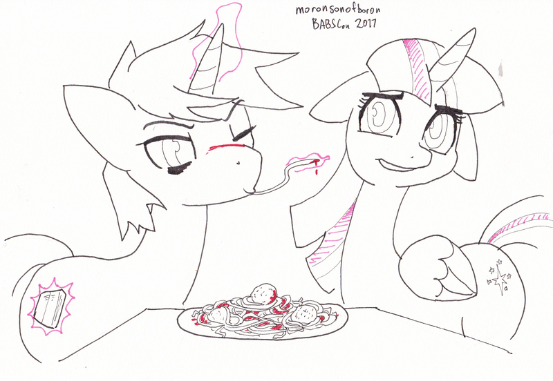 Size: 2980x2056 | Tagged: safe, artist:moronsonofboron, derpibooru import, shadow lock, twilight sparkle, twilight sparkle (alicorn), alicorn, pony, commission, female, floppy ears, food, magic, male, pasta, shipping, shipping denied, spaghetti, spaghetti scene, straight, telekinesis, twilock