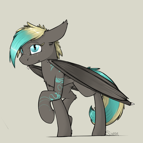 Size: 1100x1100 | Tagged: safe, artist:sinrar, derpibooru import, oc, oc:myri, unofficial characters only, bat pony, pony, female, folded wings, solo, tattoo