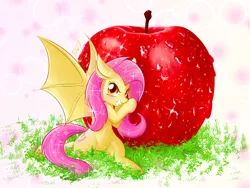 Size: 2000x1500 | Tagged: safe, artist:phoenixperegrine, derpibooru import, fluttershy, bat pony, pony, apple, flutterbat, food, giant apple, grin, looking at you, micro, race swap, sitting, smiling, solo, sparkles, spread wings, wings