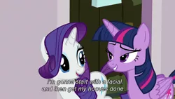 Size: 1280x720 | Tagged: safe, derpibooru import, screencap, rarity, twilight sparkle, twilight sparkle (alicorn), alicorn, pony, all bottled up, lidded eyes, looking at each other, out of context, out of context quote, subtitles