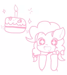 Size: 908x1026 | Tagged: safe, artist:chametzkiwi, derpibooru import, pinkie pie, pony, alternate hairstyle, cake, food, monochrome, sketch, solo, wingding eyes