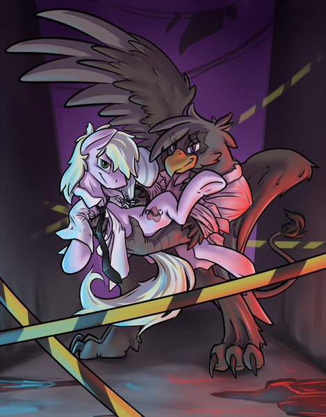 Size: 907x1160 | Tagged: safe, artist:kalemon, derpibooru import, oc, oc:harpy, oc:loveshy, unofficial characters only, gryphon, pony, alley, holding a pony, jojo pose, not gay, police lights, pose