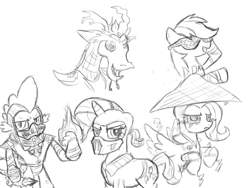 Size: 863x646 | Tagged: safe, artist:php63, derpibooru import, discord, rainbow dash, rarity, spike, draconequus, dragon, pegasus, pony, unicorn, coolie hat, johnny cage, monochrome, mortal kombat, raiden, scorpion (mortal kombat), shinnok, sketch