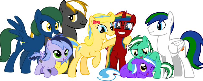 Size: 3000x1208 | Tagged: artist:jeremeymcdude, derpibooru import, group photo, noogie, oc, oc:allan taylor, oc:bright starr, oc:colt snow, oc:honey spark, oc:kittyhawk, oc:mint starr, oc:night starr, oc:skittle sweet, safe, show accurate, simple background, transparent background, unofficial characters only, vector