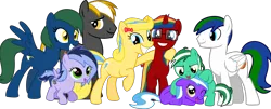 Size: 3000x1208 | Tagged: artist:jeremeymcdude, derpibooru import, group photo, noogie, oc, oc:allan taylor, oc:bright starr, oc:colt snow, oc:honey spark, oc:kittyhawk, oc:mint starr, oc:night starr, oc:skittle sweet, safe, show accurate, simple background, transparent background, unofficial characters only, vector