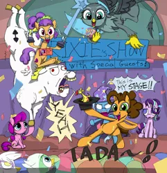 Size: 1044x1083 | Tagged: safe, artist:noupu, derpibooru import, bulk biceps, cheese sandwich, gabby, gilda, greta, lily longsocks, plaid stripes, starlight glimmer, trixie, gryphon, pony, unicorn, confetti, female, mare, spoon clothes, stage