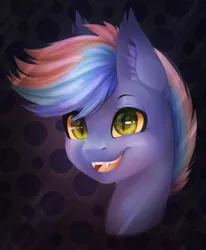 Size: 1024x1240 | Tagged: safe, artist:csox, derpibooru import, oc, oc:echo melody, unofficial characters only, bat pony, pony, abstract background, bust, colored pupils, commission, fangs, female, mare, open mouth, slit eyes, smiling, solo