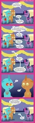 Size: 700x2467 | Tagged: safe, artist:deusexequus, derpibooru import, twilight sparkle, twilight sparkle (alicorn), alicorn, changedling, changeling, pony, comic, descriptive noise, dialogue, female, horse noises, mare, open mouth, pointy ponies, smiling, speech bubble, trio