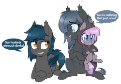 Size: 1250x869 | Tagged: safe, artist:higgly-chan, derpibooru import, oc, oc:angel tears, oc:sirocca, oc:speck, unofficial characters only, bat pony, pony, clothes, commission, cute, dialogue, female, filly, hoodie, mare, ocbetes, prone, simple background, sitting, speech bubble, sweater, transparent background, trio