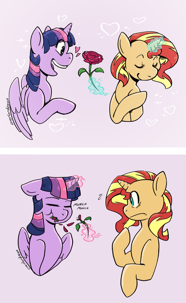 Size: 2400x3906 | Tagged: safe, artist:overlordneon, derpibooru import, sunset shimmer, twilight sparkle, twilight sparkle (alicorn), alicorn, pony, cute, eating, eyes closed, female, flower, herbivore, horses doing horse things, lesbian, levitation, magic, reality ensues, rose, shipping, sunsetsparkle, telekinesis, twiabetes