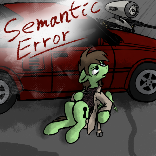 Size: 600x600 | Tagged: safe, artist:thebathwaterhero, derpibooru import, oc, oc:cold file, unofficial characters only, pegasus, pony, robot, cyoa:semantic error, car, cyberpunk, cyoa, gun, handgun, machine gun, male, pistol, story included, title card, weapon