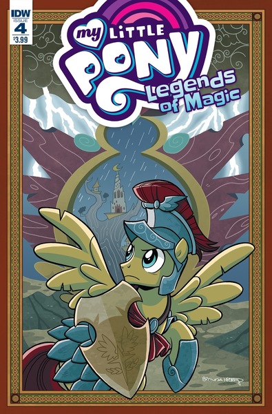 Size: 1054x1600 | Tagged: safe, artist:brendahickey, derpibooru import, idw, flash magnus, pegasus, pony, legends of magic, spoiler:comic, spoiler:comiclom4, armor, cover, helmet, netitus, rain, shield, solo