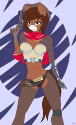 Size: 1024x1668 | Tagged: suggestive, artist:ramoncrimson935, derpibooru import, oc, oc:autumn harvest, unofficial characters only, anthro, earth pony, anthro oc, belly button, breasts, clothes, commission, cowboy hat, female, freckles, gun, handgun, hat, jesse mccree, looking at you, mare, overwatch, pistol, smiling, solo, solo female, stetson