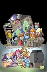 Size: 1054x1600 | Tagged: safe, artist:jay fosgitt, derpibooru import, idw, applejack, fluttershy, pinkie pie, rainbow dash, rarity, twilight sparkle, twilight sparkle (alicorn), alicorn, pony, cover, mane six, parody, television, the goonies, watching tv