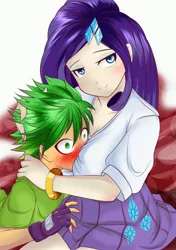 Size: 2793x3970 | Tagged: suggestive, artist:0ryomamikado0, derpibooru import, rarity, spike, human, comic:highschool dragon, blushing, boob smothering, breasts, clothes, female, fingerless gloves, gloves, hug, human spike, humanized, male, request, requested art, shipping, smiling, smothering, sparity, straight, straight shota