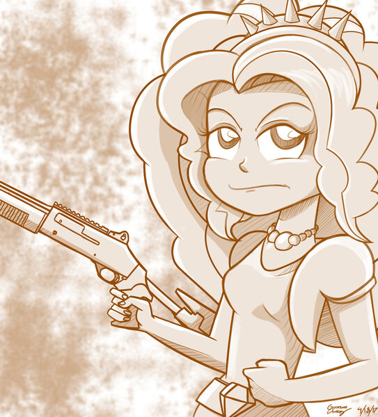 Size: 1280x1414 | Tagged: safe, artist:sedrice, derpibooru import, adagio dazzle, human, equestria girls, rainbow rocks, benelli m4, end credits, female, gun, monochrome, shotgun, solo, trigger discipline, weapon