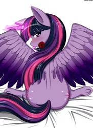 Size: 2550x3507 | Tagged: suggestive, artist:conrad-hauser, derpibooru import, twilight sparkle, twilight sparkle (alicorn), alicorn, pony, bedroom eyes, blushing, both cutie marks, butt, colored wings, cutie mark, fabric, female, floppy ears, flower, flower in mouth, glowing horn, lidded eyes, looking at you, looking back, looking back at you, magic, mare, mouth hold, rear view, rose, sitting, solo, solo female, spread wings, twibutt, underhoof