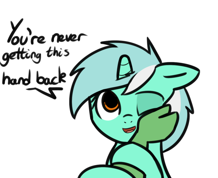 Size: 1027x842 | Tagged: safe, artist:neuro, derpibooru import, lyra heartstrings, oc, oc:anon, human, pony, unicorn, cute, dialogue, disembodied hand, female, floppy ears, hand, human on pony petting, lyrabetes, mare, one eye closed, petting, simple background, solo focus, that pony sure does love hands, transparent background