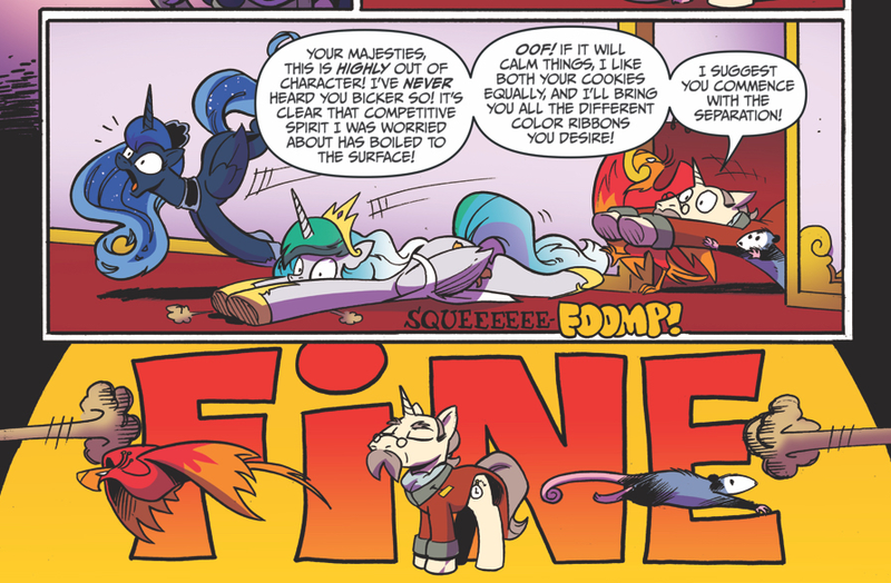 Size: 893x585 | Tagged: safe, artist:andypriceart, derpibooru import, idw, kibitz, philomena, princess celestia, princess luna, tiberius, alicorn, pony, spoiler:comic, spoiler:comicff38, female, mare