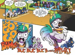 Size: 889x656 | Tagged: safe, artist:andypriceart, derpibooru import, idw, granny smith, princess celestia, princess luna, rarity, sweetie belle, alicorn, bird, chicken, pony, spoiler:comic, spoiler:comicff38, andy you magnificent bastard, behaving like a bird, behaving like a chicken, female, hilarious in hindsight, hypnosis, hypnotized, laughing, majestic as fuck, mare, royal sisters, wat