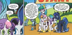 Size: 898x435 | Tagged: safe, artist:andypriceart, derpibooru import, idw, princess celestia, princess luna, rarity, sweetie belle, alicorn, pony, spoiler:comic, spoiler:comicff38, female, mare, sibling rivalry, sibling swap, sister swapping