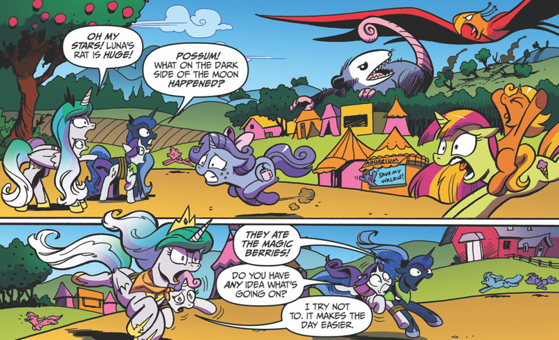 Size: 901x549 | Tagged: safe, artist:andypriceart, derpibooru import, idw, philomena, princess celestia, princess luna, rarity, sweetcream scoops, sweetie belle, tiberius, alicorn, pony, spoiler:comic, spoiler:comicff38, female, filly, mare, ponies riding ponies, ren and stimpy, riding