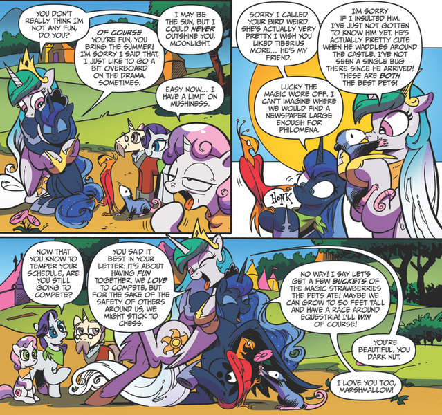 Size: 905x850 | Tagged: safe, artist:andypriceart, derpibooru import, idw, kibitz, philomena, princess celestia, princess luna, rarity, sweetie belle, tiberius, alicorn, pony, spoiler:comic, spoiler:comicff38, apology, boop, cute, cutelestia, female, lunabetes, mare, nose wrinkle, noseboop, princest, reconciliation, royal sisters, sisterly love, sisters