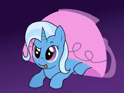 Size: 1087x815 | Tagged: safe, artist:zharkaer, derpibooru import, trixie, pony, unicorn, all bottled up, cup, cute, diatrixes, gradient background, prone, raised eyebrow, silly, silly pony, solo, teacup, tongue out