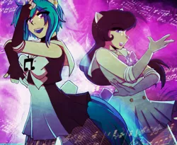 Size: 1404x1151 | Tagged: safe, artist:dawnrie, derpibooru import, octavia melody, vinyl scratch, human, anime, clothes, crossover, dress, eared humanization, female, fingerless gloves, gloves, horned humanization, humanized, lesbian, magical girl, sailor moon, sailor neptune, sailor uranus, scratchtavia, shipping, tailed humanization