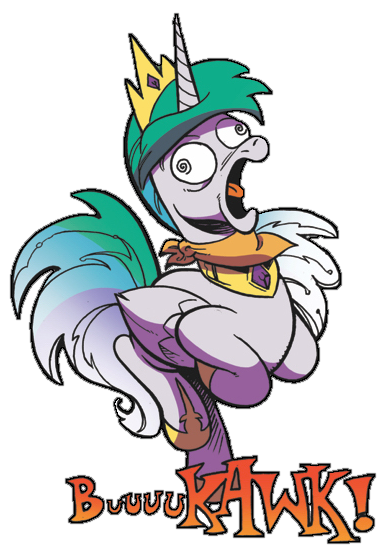 Size: 389x553 | Tagged: safe, artist:andypriceart, derpibooru import, edit, idw, princess celestia, chicken, pony, spoiler:comic, spoiler:comicff38, behaving like a chicken, hypnosis, hypnotized, majestic as fuck, sillestia, silly, silly pony