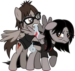 Size: 1595x1492 | Tagged: safe, artist:lightningbolt, derpibooru import, ponified, pegasus, pony, .svg available, angry, annoyed, bags under eyes, bandage, bipedal, bipedal leaning, blood, broken wing, brothers, clandestine industries, clothes, duo, duo male, emo, fangs, floppy ears, gerard way, glasses, gritted teeth, injured, irritated, leaning, long tail, looking back, male, mikey way, mouth hold, my chemical romance, raised hoof, shirt, short tail, simple background, stallion, standing, svg, t-shirt, tattered, transparent background, vector, wristband