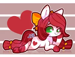 Size: 800x606 | Tagged: safe, artist:snow angel, derpibooru import, oc, oc:heart, unofficial characters only, earth pony, pony, bow, colored pupils, female, hair bow, heart eyes, mare, prone, solo, wingding eyes