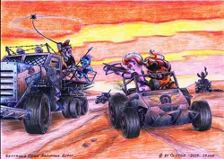 Size: 3921x2780 | Tagged: artist:olgfox, buggy, car chase, crossbow, derpibooru import, dune buggy, mad max, oc, post-apocalyptic, safe, signature, spear, traditional art, truck, unofficial characters only, weapon