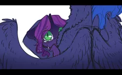 Size: 1350x832 | Tagged: safe, artist:yuyusunshine, derpibooru import, princess luna, oc, oc:selenia nyx, pony, crying, fluffy, looking at you, mother and daughter, offspring, parent:king sombra, parent:princess luna, parents:lumbra