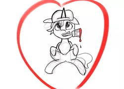 Size: 2100x1500 | Tagged: safe, anonymous artist, derpibooru import, fresh coat, pony, unicorn, 4chan, backwards ballcap, baseball cap, cap, cute, drawthread, female, floppy ears, grayscale, hat, heart, mare, monochrome, mouth hold, paintbrush, partial color, simple background, sitting, solo, white background