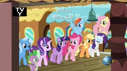 Size: 1364x768 | Tagged: safe, derpibooru import, screencap, applejack, fluttershy, pinkie pie, rainbow dash, rarity, spike, starlight glimmer, trixie, twilight sparkle, twilight sparkle (alicorn), alicorn, dragon, pony, all bottled up, mane seven, mane six, tv-y