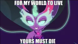 Size: 1280x720 | Tagged: safe, derpibooru import, edit, edited screencap, screencap, sci-twi, twilight sparkle, equestria girls, friendship games, caption, dragon ball z, edgy, image macro, majin, meme, midnight sparkle, midnight sparkle's lines, nemesis prime, optimus prime, quote, solo, spoilers for another series, text, transformers, transformers the last knight