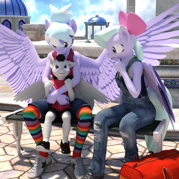 Size: 1500x1500 | Tagged: 3d, anthro, artist:tahublade7, babysitting, bench, bow, clothes, cloudchaser, cloudrumble, cute, daz studio, derpibooru import, female, flitter, flitterumble, flitterumblechaser, hair bow, hug, lucky bastard, male, mare, overalls, pants, pegasus, plantigrade anthro, rumble, rumblechaser, rumble gets both the mares, safe, shipping, shoes, sneakers, socks, spread wings, straight, striped socks, tanktop, tights, wings