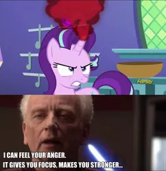 Size: 782x808 | Tagged: safe, derpibooru import, edit, edited screencap, screencap, starlight glimmer, pony, all bottled up, anger magic, darth sidious, discovery family logo, emperor palpatine, image macro, magic, meme, star wars, text