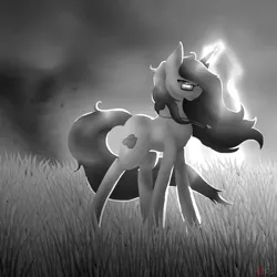 Size: 1024x1024 | Tagged: safe, artist:anxiouslilnerd, derpibooru import, oc, oc:thunderstorm, unofficial characters only, pony, unicorn, black and white, female, field, gift art, glasses, grass, grayscale, jewelry, lightning, magic, monochrome, necklace, paint tool sai, storm, tornado, unicorn oc, wind