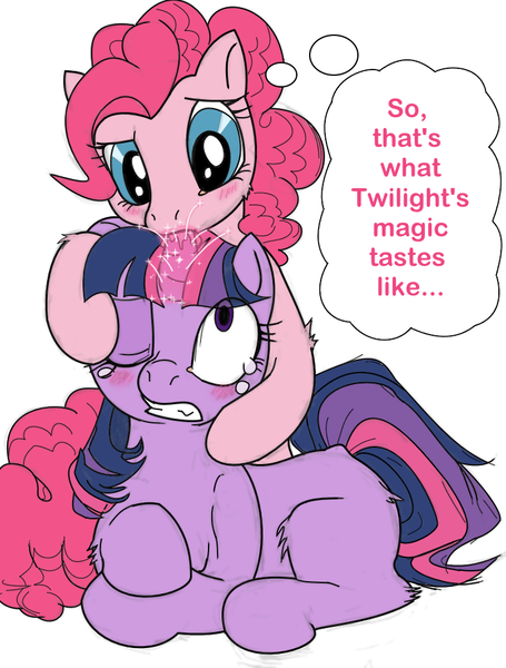 Size: 735x970 | Tagged: questionable, artist:buttercupsaiyan, deleted from derpibooru, derpibooru import, edit, editor:taterbiscit, pinkie pie, twilight sparkle, earth pony, pony, unicorn, colored, colored sketch, female, females only, gritted teeth, horngasm, hornjob, lesbian, magic, magical unicorn mayonnaise, mare, orgasm, prone, shipping, sucking, thought bubble, twinkie