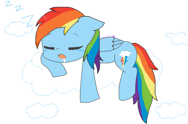 Size: 1488x984 | Tagged: safe, artist:chametzkiwi, derpibooru import, rainbow dash, pegasus, pony, cloud, drool, female, sleeping, solo, zzz