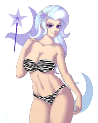 Size: 1600x2000 | Tagged: suggestive, artist:souladdicted, derpibooru import, edit, trixie, equestria girls, animal print underwear, belly button, bra, breasts, busty trixie, clothes, collarbone, curvy, cutie mark, female, hourglass figure, human coloration, looking at you, panties, sexy, simple background, smiling, solo, solo female, strapless bra, transparent background, underwear, zebra print