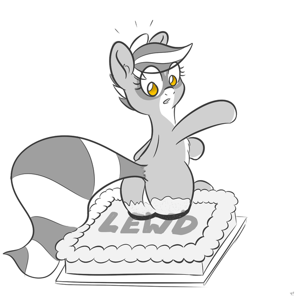 Size: 1280x1280 | Tagged: artist:yakoshi, birthday cake, cake, derpibooru import, featureless crotch, female, food, looking back, oc, oc:bandy cyoot, plot, raccoon pony, solo, solo female, suggestive, unofficial characters only