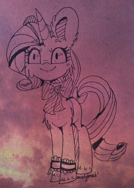 Size: 1270x1778 | Tagged: safe, artist:mintybrush, derpibooru import, rarity, pony, bow, bowtie, solo, tail bow, traditional art
